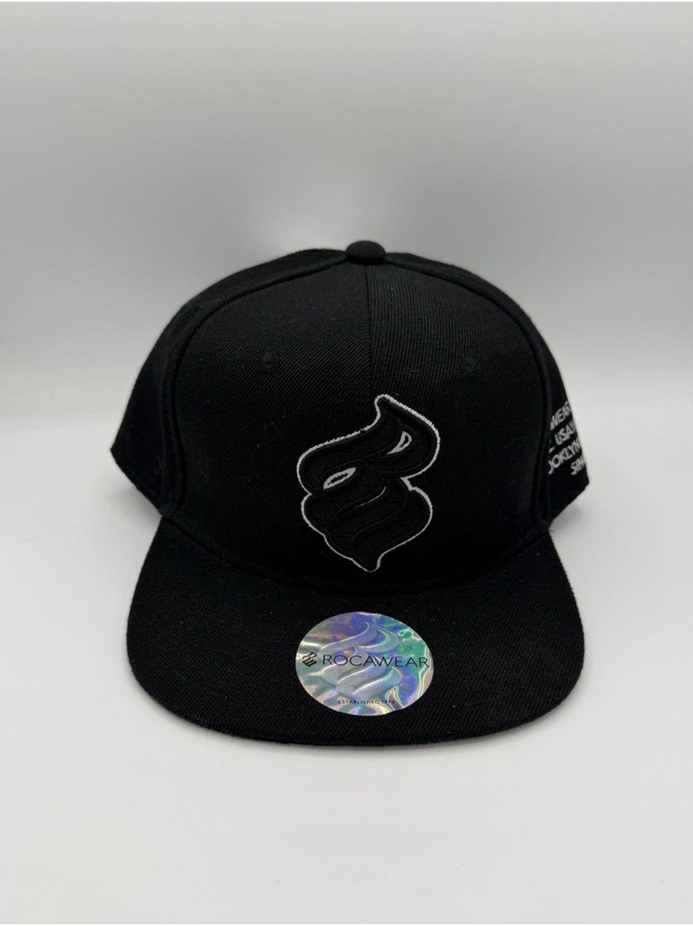 Rocawear Black Flat-Brim Snapback with White Embroidery